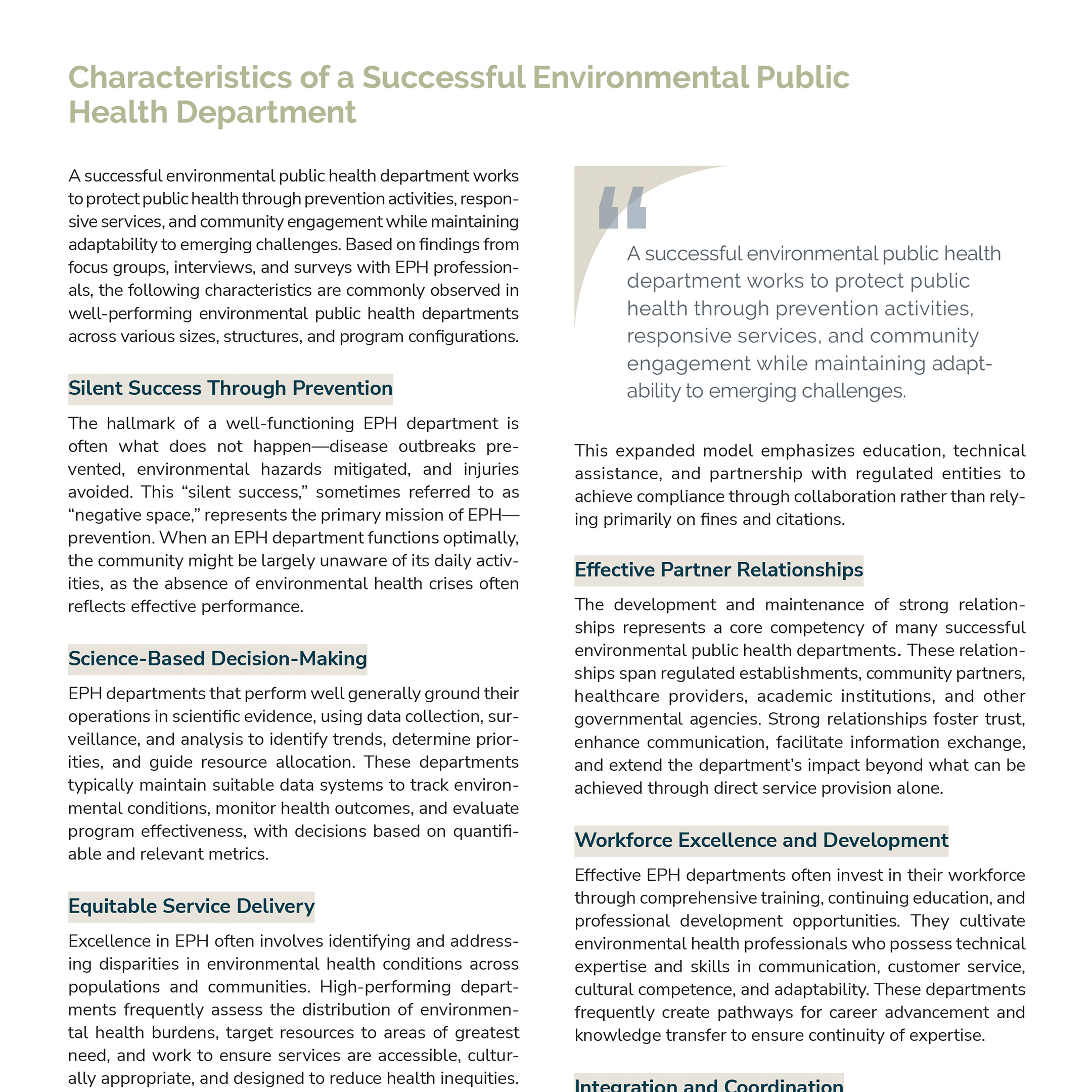 Close up of layout for Pillars of Environmental Public Health for National Environmental Health Association