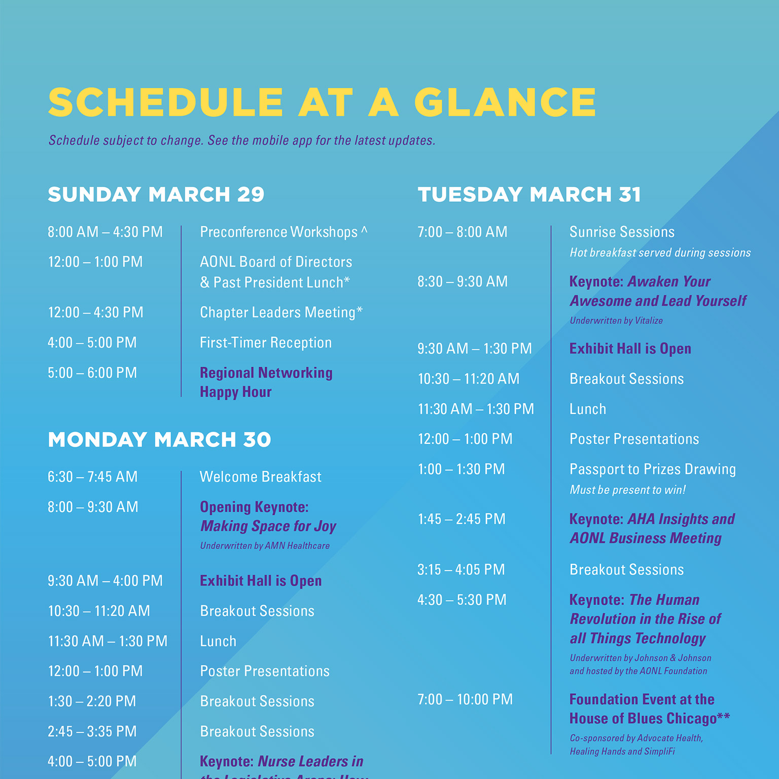 Close up of Conference Guide page 1 for AONL 2026 Annual Conference, design by Hughes Design Chicago