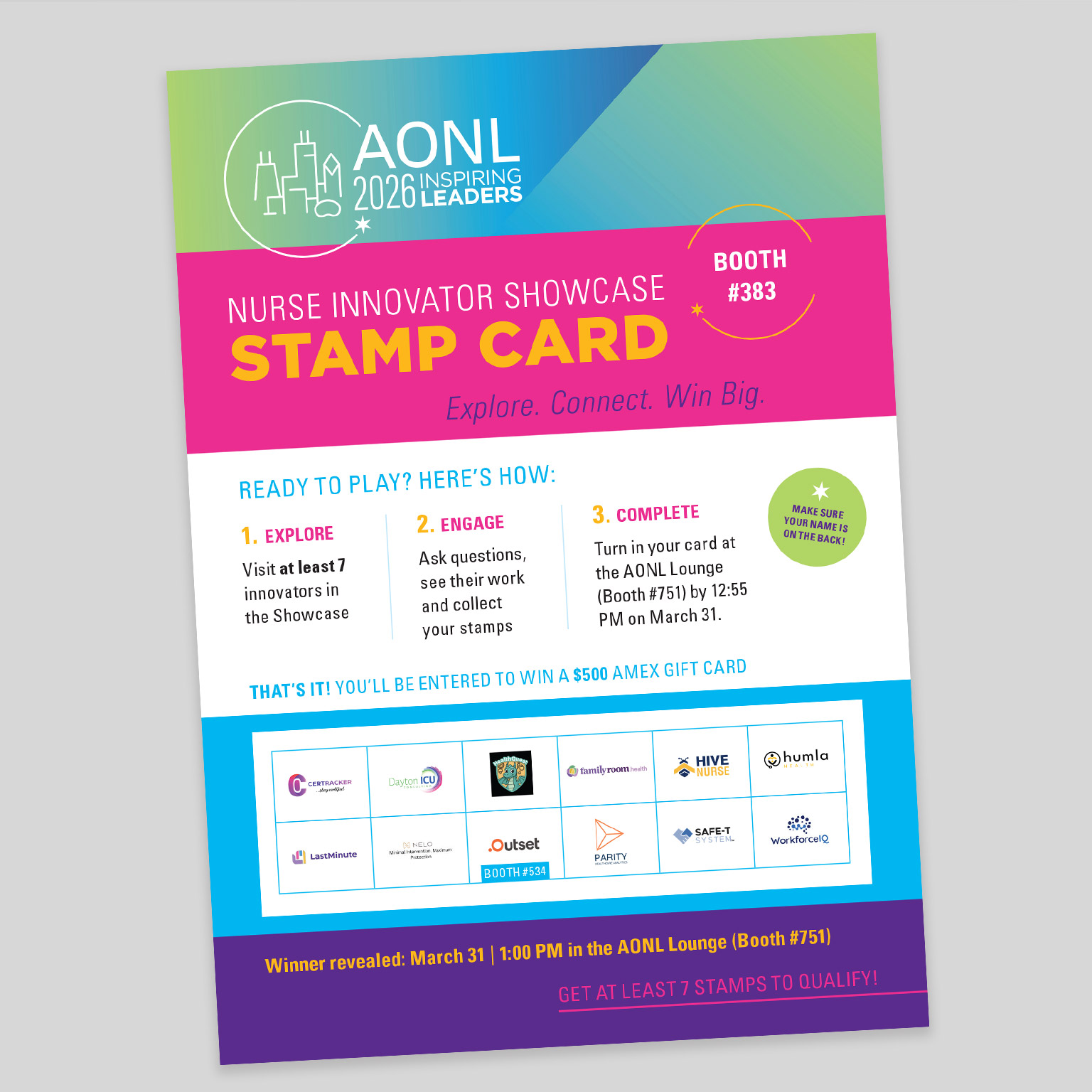 Stamp card page 1 of AONL 2026 Annual Conference Passport to Prizes, design by Hughes Design Chicago