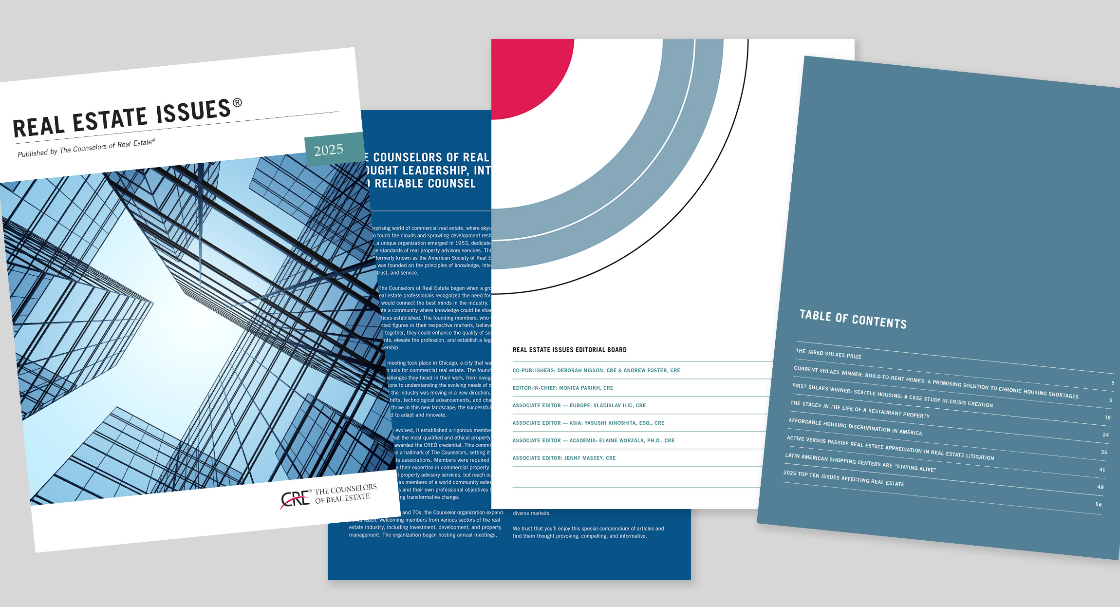 spreads of The Counselors of Real Estate Real Estate Issues Journal, graphic design by Hughes Design in Chicago