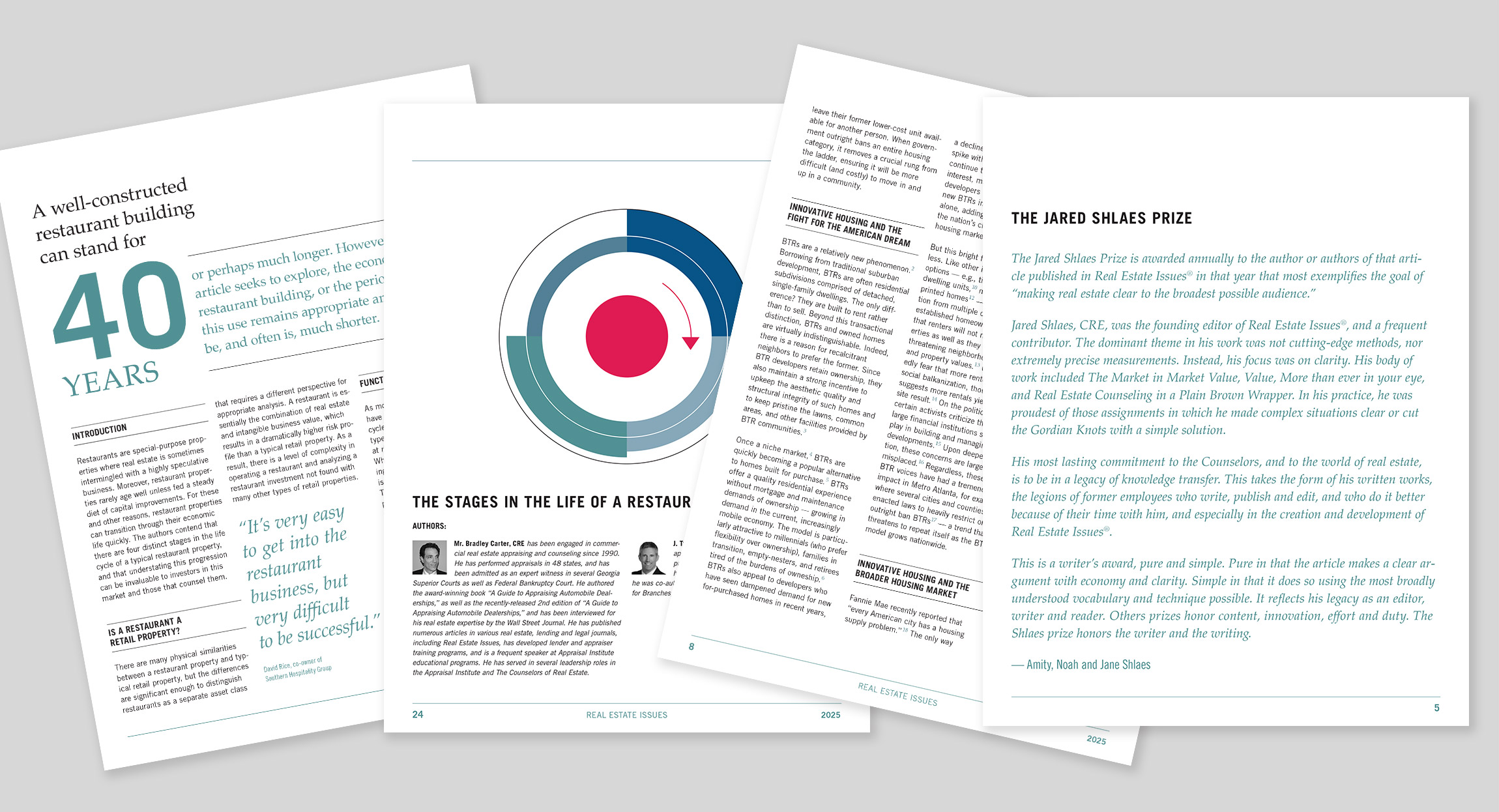 spreads of The Counselors of Real Estate Real Estate Issues Journal, graphic design by Hughes Design in Chicago